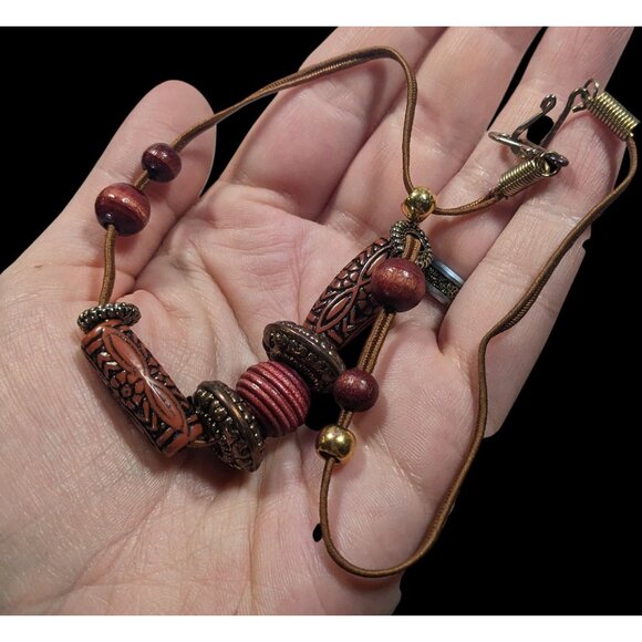 Bohemian Earthy Carved And Round Wood Beaded Necklace - Picture 3 of 6